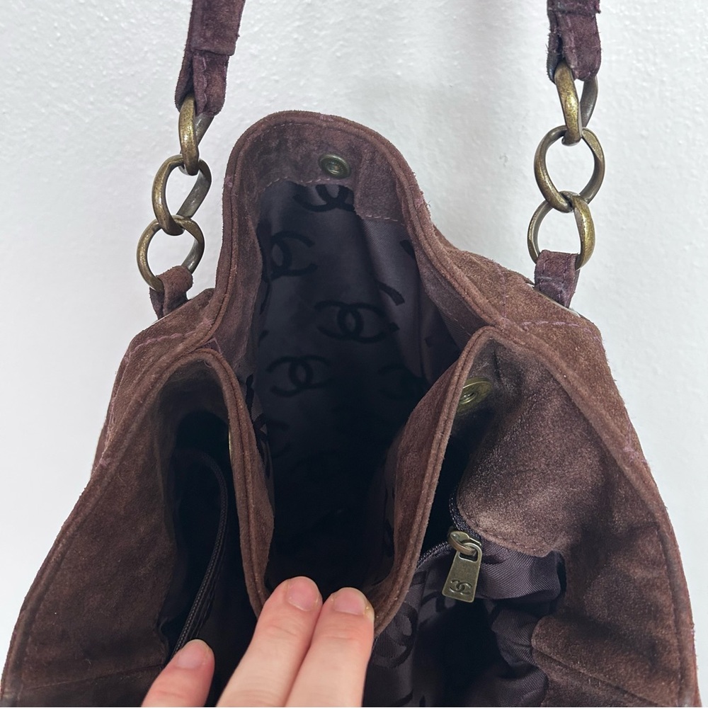 CHANEL Dark Brown Quilted Suede Shoulder Tote with Gold Hardware - Picture 12 of 14